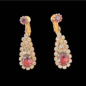 Elegant Gold Toned Rhinestone and Burgundy Gem Drop Clip On Statement Earrings